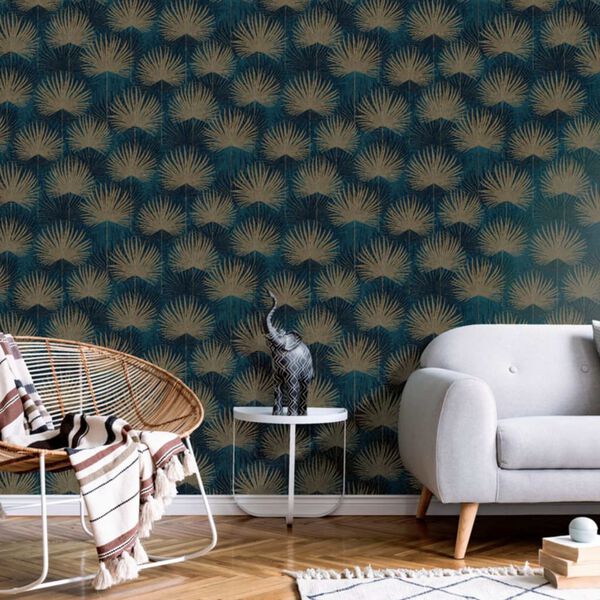 DUTCH WALLCOVERINGS Tapeta z motywem liści, morsko-złota