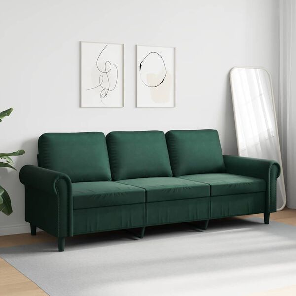 vidaXL Sofa 3-osobowa, ciemnozielony, 180 cm, obita aksamitem