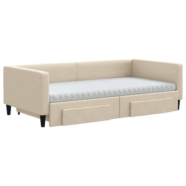 vidaXL Sofa rozsuwana z szufladami, kremowa, 100x200 cm, tkanina