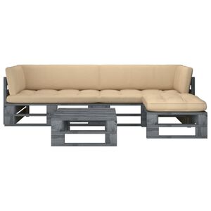 vidaXL 4-cz. zestaw wypoczynkowy z palet, z poduszkami, szary, sosna