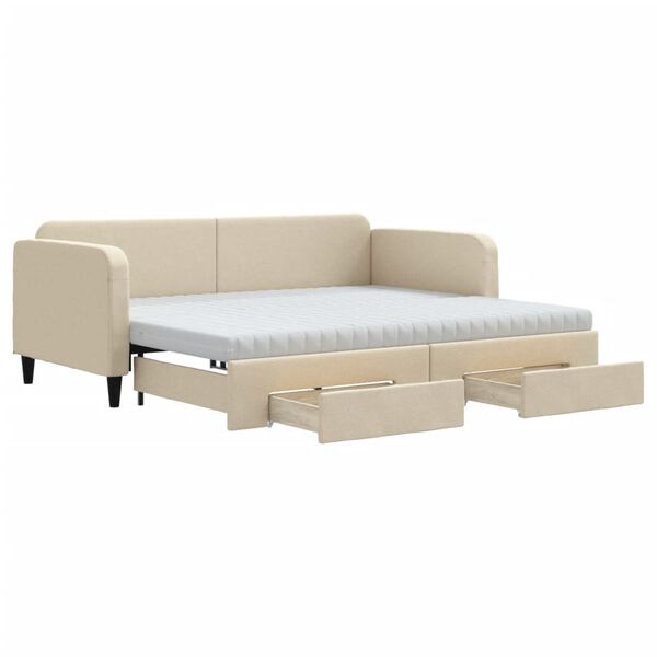 vidaXL Sofa rozsuwana z szufladami, kremowa, 90x200 cm, tkanina
