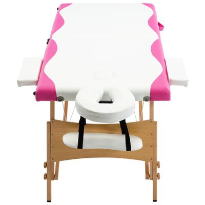 vidaXL Składany stół do masażu, 2-strefowy, drewniany, biało-różowy