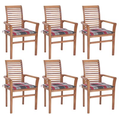 vidaXL Krzesła stołowe z poduszkami w czerwoną kratę, 6 szt., tekowe