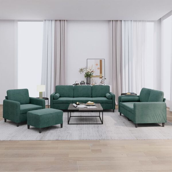 vidaXL 4-cz. komplet wypoczynkowy z poduszkami, ciemnozielony, aksamit