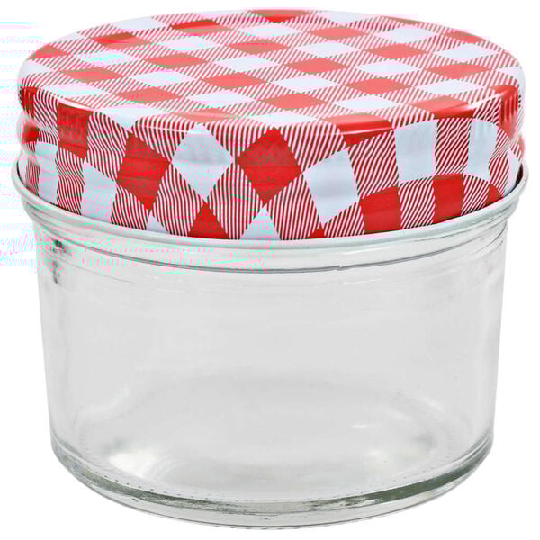 vidaXL Szklane słoiki na dżem, biało-czerwone pokrywki, 24 szt, 110 ml