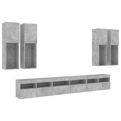 vidaXL 7-cz. zestaw ściennych szafek TV z LED, szarość betonu