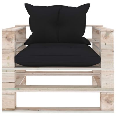 vidaXL Sofa ogrodowa z palet, z czarnymi poduszkami, drewno sosnowe