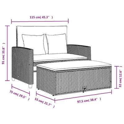 vidaXL Sofa ogrodowa z poduszkami, 2-osobowa, brązowa, polirattan