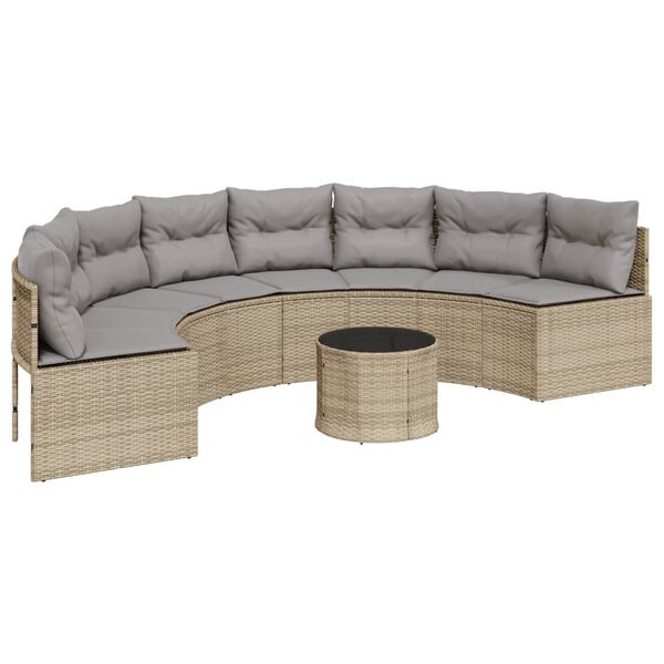 vidaXL Sofa ogrodowa, stolik i poduszki, p&oacute;łokrągła, beżowy rattan PE