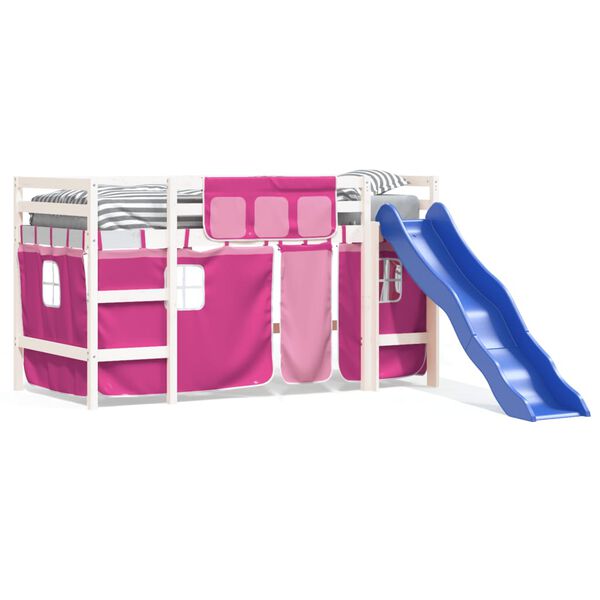 vidaXL Dziecięce ł&oacute;żko na antresoli, r&oacute;żowe zasłonki, 80x200 cm