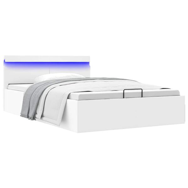 vidaXL Rama ł&oacute;żka z podnośnikiem i LED, biała, ekosk&oacute;ra, 120 x 200 cm