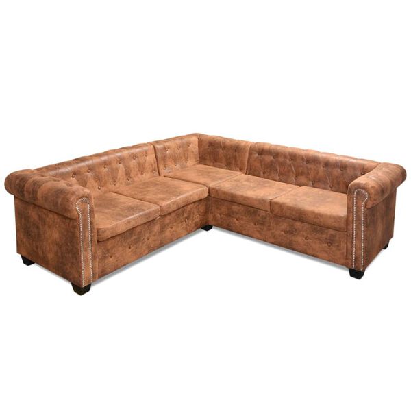 vidaXL Sofa Chesterfield, pięcioosobowa, brązowa, sztuczna sk&oacute;ra