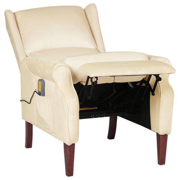 vidaXL Rozkładany fotel masujący, kremowy, obity aksamitem