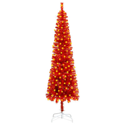 vidaXL Smukła, sztuczna choinka z lampkami, czerwona, 150 cm