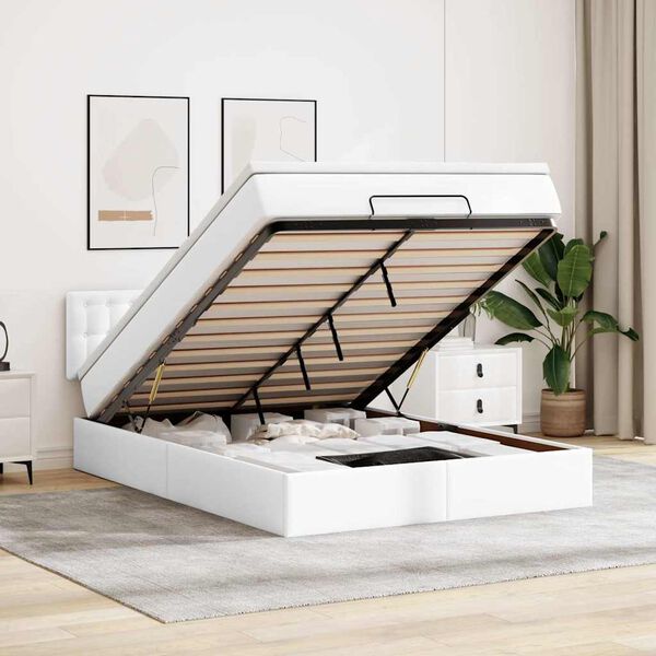 vidaXL Łóżko otomana z materacami i LED, biała, 140x190cm, ekoskóra