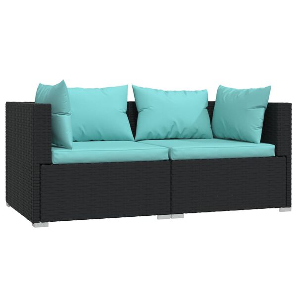 vidaXL 2-osobowa sofa ogrodowa z poduszkami, czarna, polirattan
