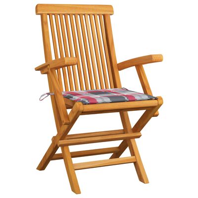 vidaXL Krzesła ogrodowe z poduszkami w czerwoną kratę, 2 szt., tekowe