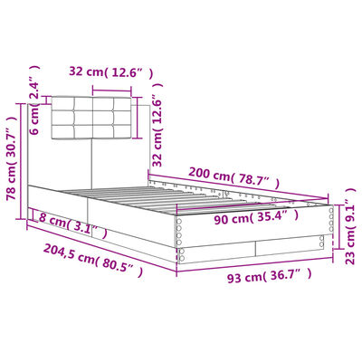 vidaXL Rama łóżka z wezgłowiem i LED, przydymiony dąb, 90x200 cm