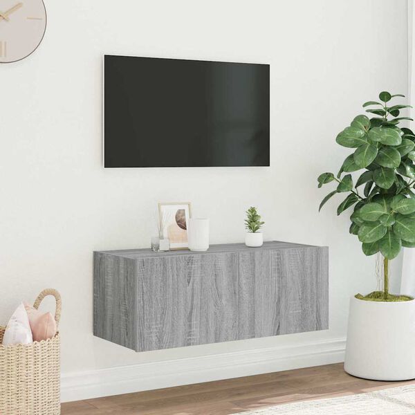 vidaXL Ścienna szafka TV z LED, szary dąb sonoma, 80x35x31 cm