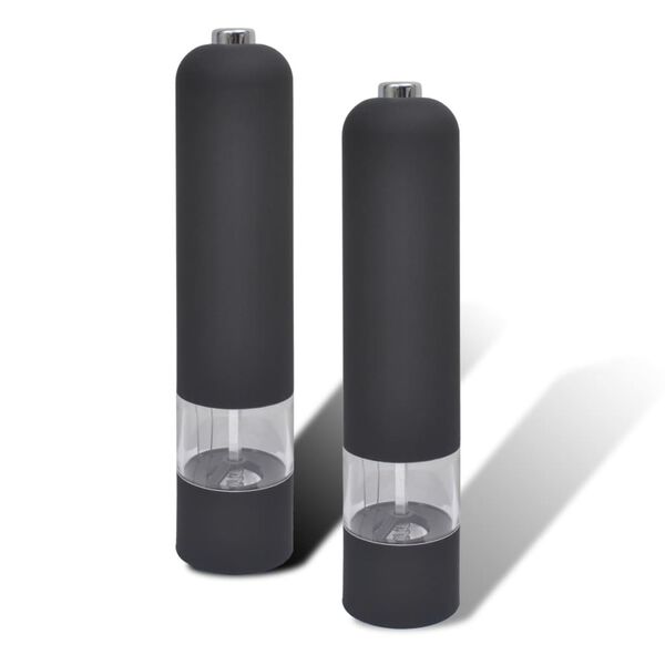 2 elektryczne, czarne młynki z plastiku do soli i pieprzu