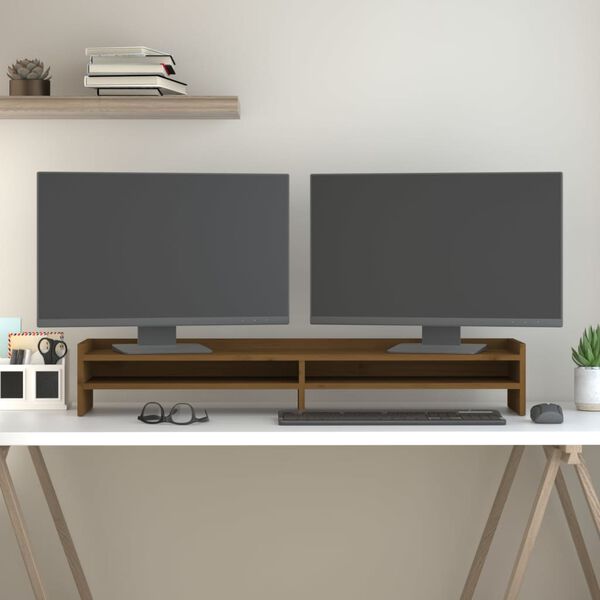 vidaXL Podstawka na monitor, miodowy brąz, 100x24x16 cm, lita sosna