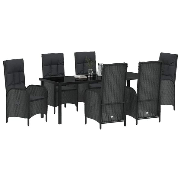 vidaXL Zestaw do jadalni w ogrodzie z poduszką 7 pcs Czarny polirattan