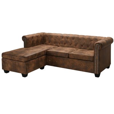 vidaXL Sofa narożna w stylu Chesterfield, sztuczny zamsz, brązowa