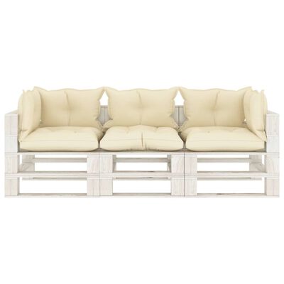 vidaXL Ogrodowa sofa 3-osobowa z palet, z kremowymi poduszkami, drewno