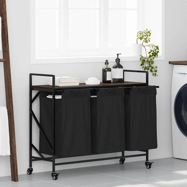 vidaXL Kosz na pranie 3 przegrody z kółkami, brązowy dąb