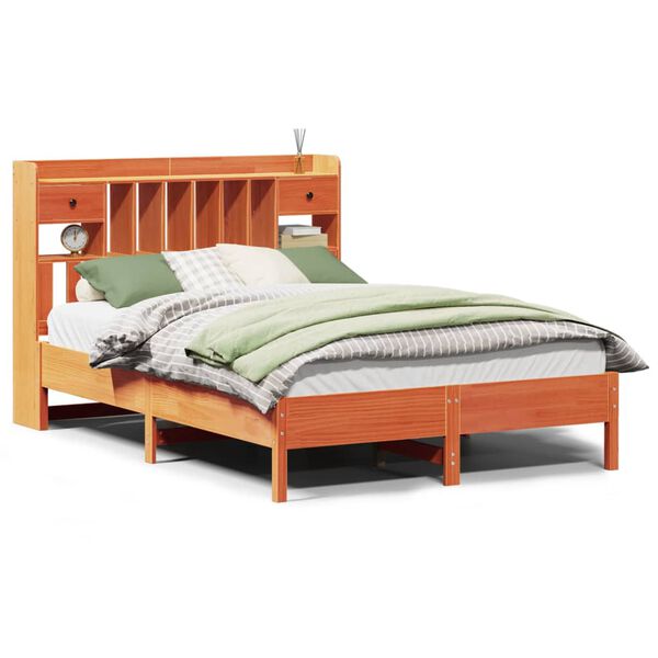 vidaXL Ł&oacute;żko z regałem, bez materaca, woskowy brąz, 140x190cm, sosnowe