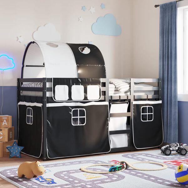 vidaXL Ł&oacute;żko piętrowe z zasłonkami, biało-czarne, 90x200 cm, sosnowe