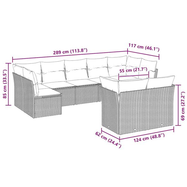 vidaXL 9-cz. zestaw mebli ogrodowych, poduszki, jasnoszary polirattan