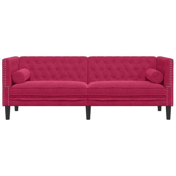 vidaXL Sofa Chesterfield z wałkami, trzyosobowa, bordowa, aksamit