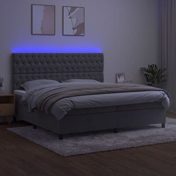 vidaXL Ł&oacute;żko kontynentalne z materacem i LED, szare 200x200cm, aksamit
