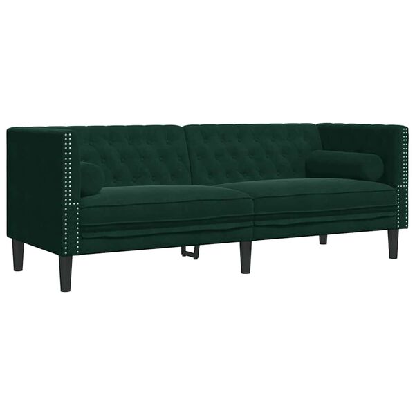 vidaXL Sofa Chesterfield z wałkami, 3-osobowa, ciemnozielona, aksamit