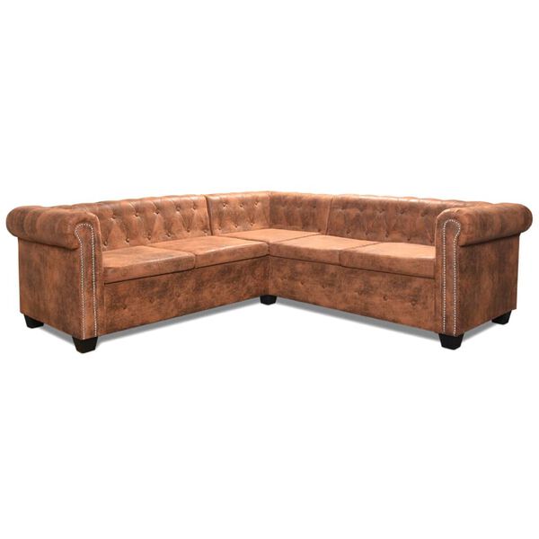 vidaXL Sofa Chesterfield, pięcioosobowa, brązowa, sztuczna sk&oacute;ra
