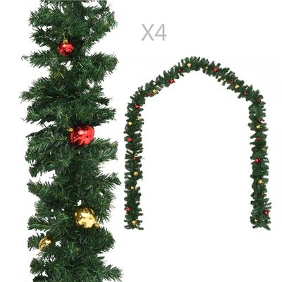 vidaXL Girlandy świąteczne, 4 szt., z bombkami, zielone, 270 cm, PVC