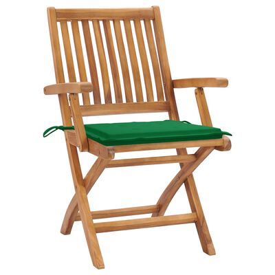 vidaXL Krzesła ogrodowe, 2 szt., zielone poduszki, drewno tekowe
