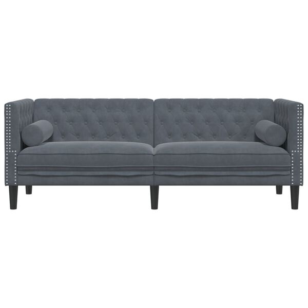 vidaXL Sofa Chesterfield z wałkami, trzyosobowa, ciemnoszara, aksamit