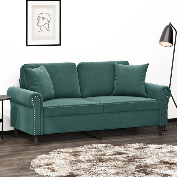 vidaXL 2-osobowa sofa z poduszkami, ciemnozielona, 140 cm, aksamit
