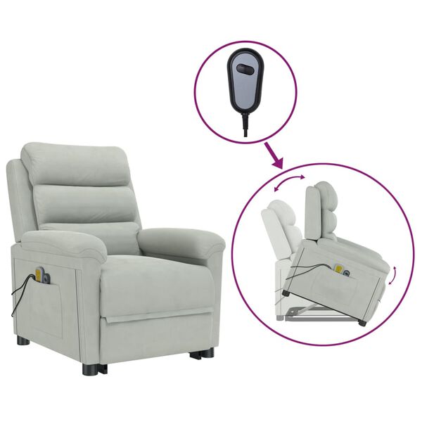 vidaXL Podnoszony fotel masujący, jasnoszary, aksamitny