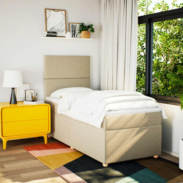 vidaXL Ł&oacute;żko kontynentalne z materacem, kremowe, tkanina, 100x200 cm