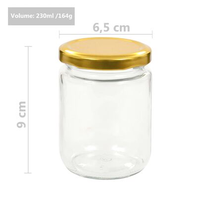 vidaXL Szklane słoiki na dżem, złote pokrywki, 96 szt., 230 ml
