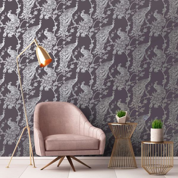 DUTCH WALLCOVERINGS Tapeta w pawie, fioletowo-srebrna