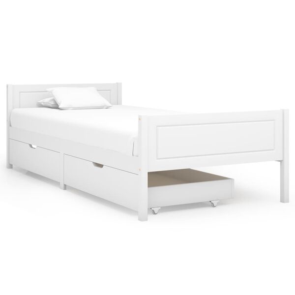 vidaXL Rama ł&oacute;żka z 2 szufladami, biała, drewno sosnowe, 90 x 200 cm