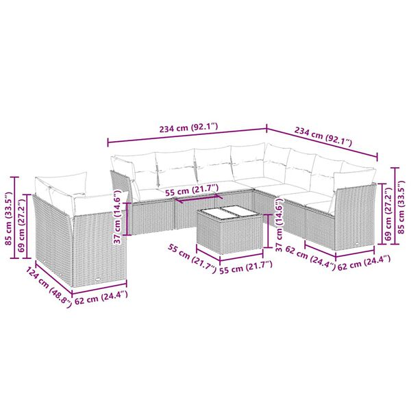 vidaXL 10-cz. zestaw wypoczynkowy do ogrodu, z poduszkami, jasnoszary