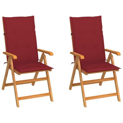 vidaXL Krzesła ogrodowe, 2 szt., czerwone poduszki, lite drewno tekowe