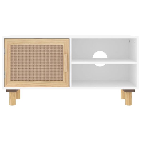 vidaXL Stolik pod TV, biały, 80x30x40 cm, drewno sosnowe i rattan
