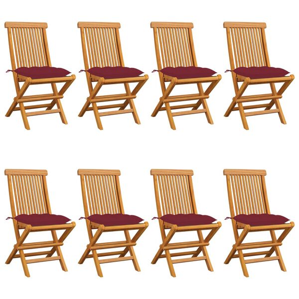 vidaXL Krzesła ogrodowe z bordowymi poduszkami, 8 szt., drewno tekowe