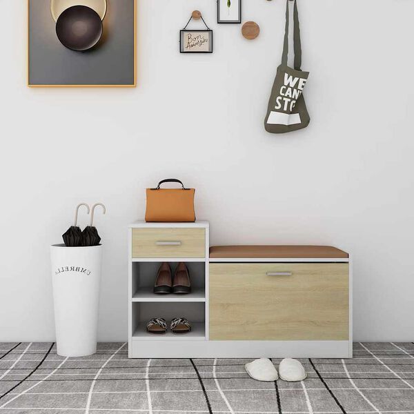 vidaXL Ławka z miejscem na buty, biel i dąb sonoma, 94,5x31x57 cm